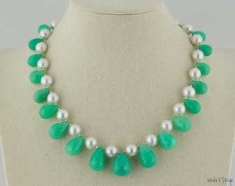 Very Rare Large Chrysoprase Drops and White Pearl Necklace with Gold Filled Accents. Fit for a Queen, Special Gift