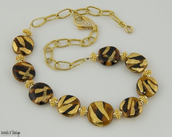 Elegant Necklace of Fancy Handmade African Kazuri Beads with Vermeil Accents & Gold Chain. Great Gift for All Occasions