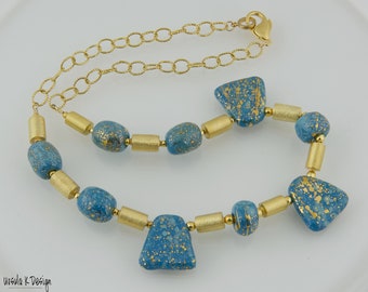 African Kazuri Necklace with Blue and Gold Patterned Ceramic Beads, Gold Plated Tubes, Spacers and Chain.  Gorgeous Colorful Casual Necklace