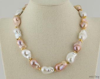 Elegant, 2-Tone Baroque Pearl Necklace with Brushed Gold Accents. Lovely Necklace for Mother of the Bride or Groom, Special Occasion