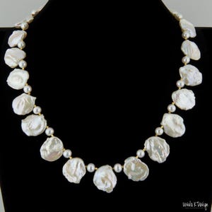 Necklace of Large Keshi Pearls, 7mm White Edison Pearls, Gold Accents, Bold Fashion Statement, Necklace Good for Any Top, Unique Pearl Gift