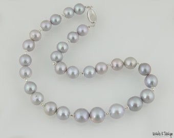 Silver Gray Freshwater Large Pearl Necklace with Sterling Silver Accents. Great Pearl Gift, Elegant Birthday or Anniversary Gift