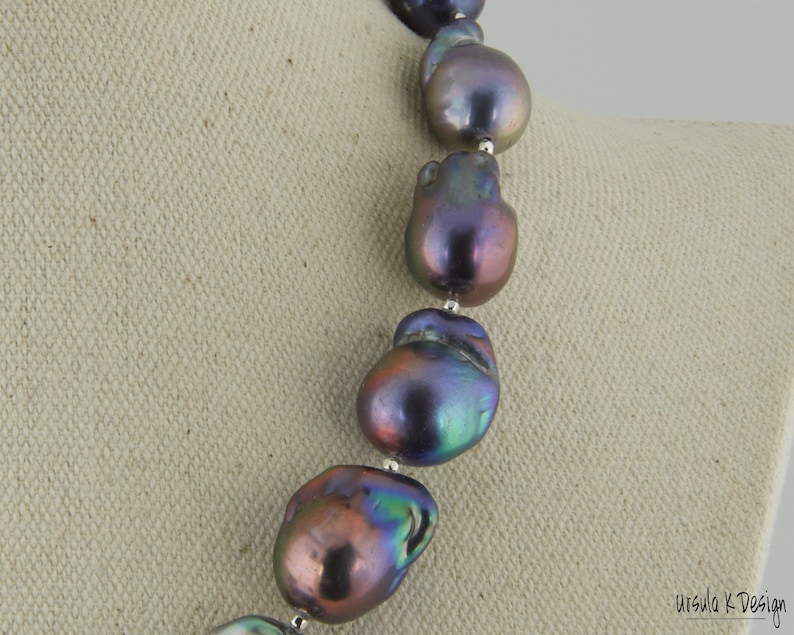 Baroque Pearl Necklace of Dark Blue and Copper/Purple Hues with Sterling Silver Accents. Gift for Special Occasion. Unique Necklace image 4