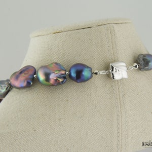 Baroque Pearl Necklace of Dark Blue and Copper/Purple Hues with Sterling Silver Accents. Gift for Special Occasion. Unique Necklace image 5