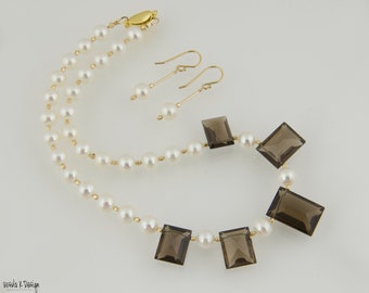 Short Elegant Necklace of Flawless 8mm White Pearls with Large Faceted Smoky Quartz Rectangles and Gold Filled Spacers, Matching Earrings