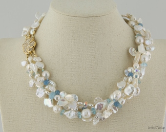 4-Strand Keshi and Round Pearl Necklace with Aquamarine and Swarovski Accents. Bridal Necklace, Elegant, Special Gift