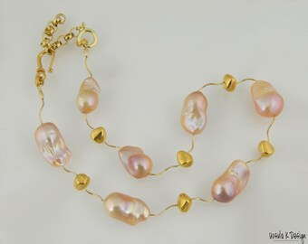 Necklace of Large Peach Hued Baroque Pearls, Gold Filled Wavy Tubes, Gold Plated, Faceted Accent Beads. Lovely Gift