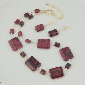 Porcelain Bead Statement Necklace with Matching Earrings, Plum Color, Adjustable Length, All Occasion Gift