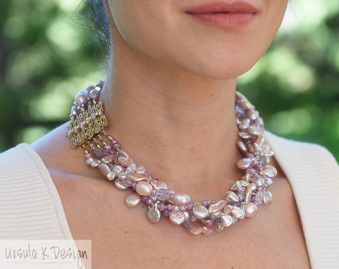 Multi Strand Pink Pearl Necklace With Spinel Swarovski, Oneofakind