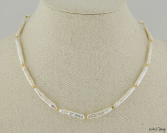 MADE TO ORDER Elegant Simple Stick Pearl Necklace with Gold Accents. All Occasion Necklace. Great Gift