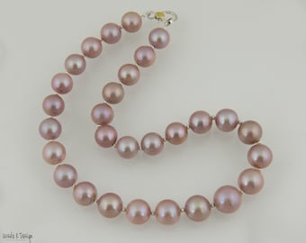 Necklace of Beautiful Large Dark Pink Round Freshwater Pearls with Sparkly Sterling Siver Disks. Great for Special Occasions