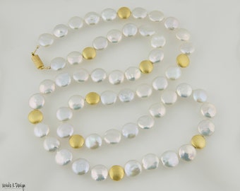 Long, Knotted, White Coin Pearl Necklace with Gold Disk Accents. Can be Short Double Strander. Great Holiday Gift. Elegant Pearl Necklace