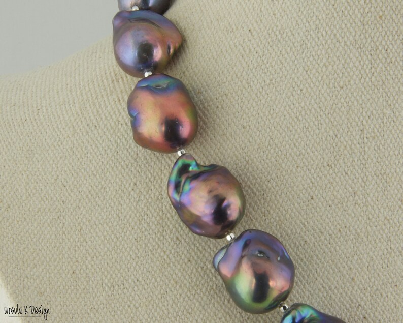 Baroque Pearl Necklace of Dark Blue and Copper/Purple Hues with Sterling Silver Accents. Gift for Special Occasion. Unique Necklace image 3