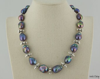 Baroque Pearl Necklace of Dark Blue and Purple Hues with Large Sterling Silver Accents. Unique Necklace, Fabulous Special Occasion Gift