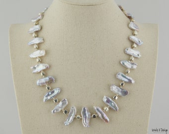 Silvery Biwa Pearl Necklace with Lovely Sterling Silver Accents. A Necklace for Any Attire for Any Time of Day