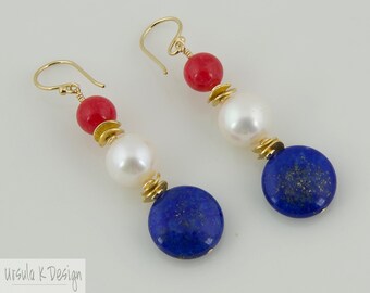 Large Red White & Blue Dangle Earrings with Gold Accents; Earrings with Large Pearls, Lapis and Red Jade.;Colorful Earrings