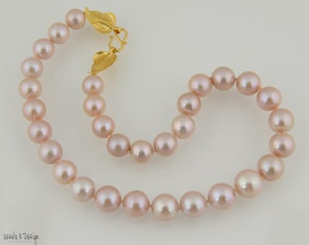 Very Light Pink Pearl Knotted Necklace, Gold Leaf Clasp. Great Gift For Special Occasions, For Mother-of-the-Bride or Groom
