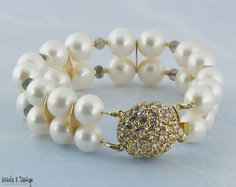 Elegant 2-Strand Pearl Bracelet with Fancy Clasp, Bridal Accessory, Heirloom Piece, Anniversary, Special Occasion Gift