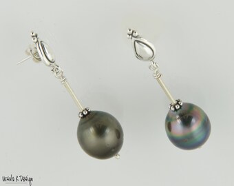 Long Earrings withTahitian Pearls on elegant Sterling Silver Posts and Long Tubes. A Great Gift for the Pearl Lover