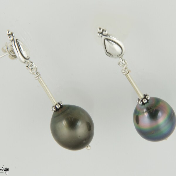Long Earrings withTahitian Pearls on elegant Sterling Silver Posts and Long Tubes. A Great Gift for the Pearl Lover