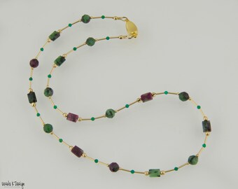 Dainty Elegant Necklace of Variously Shaped Zoisite, Tiny Green Onyx and Gold Filled Accents. Affordable Gift