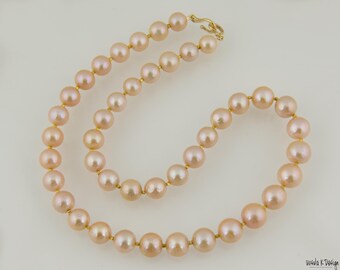 Peach Hued, Round Freshwater Pearl Necklace with 18K Gold Spacers and 14K Gold Clasp. Simple but Beautiful and Valuable Pearl Gift