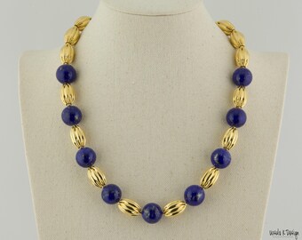 Necklace with Flawless Dark Blue Afghan Lapis with Afghanite Inclusions, Gold Accents, Removable Extender. Unique Special Gift