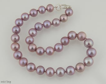 Necklace of Stunning Large Dark Lavender Round Pearls, Sterling Silver Clasp. Great for Special Occasions