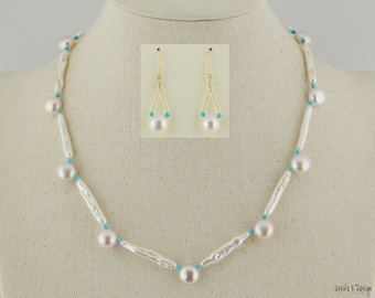 Lovely Everyday Dainty Pearl Necklace and Earring Set with Blue Turquoise Accents. Affordable Special Occasion Gift