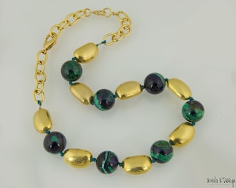 Necklace of Rare Azurite/Malachite Gemstones Separated by Knots from Large  Hill Tribe Vermeil Accents Beads.  True Show Piece