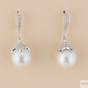 Elegant White Edison Pearl Earrings with Sterling Silver and CZ Pavé Ear Wires & Bead Caps, Bridal, Anniversary, Special Occasion Gift