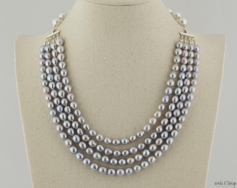 Elegant 4-Strand Necklace of Nesting Gray Pearls. Distinctive and Rich Looking. Sterling Silver Accents. Eye-Catching Evening Necklace.