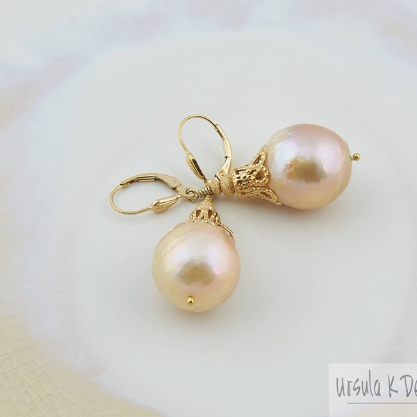 Peach Baroque Pearl Drop Earrings, Pink Baroque Pearls, Custom Fine Baroque Pearl Jewelry, Pearl Bridal Jewelry, Confirmation Gift Sweet 16