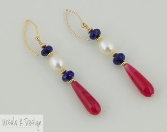 Red White & Blue Dangle Earrings with Strong, Vibrant Colors; Gold Accents; All Occasion Gift