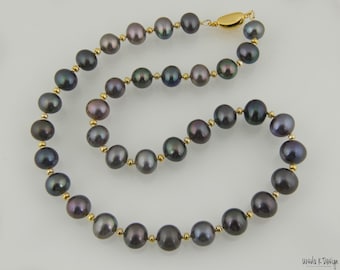 Long Dark Gray Iridescent Peacock Pearl Necklace with Gold Filled Accents. Very Elegant Accessory, Great Gift for Special Occasion