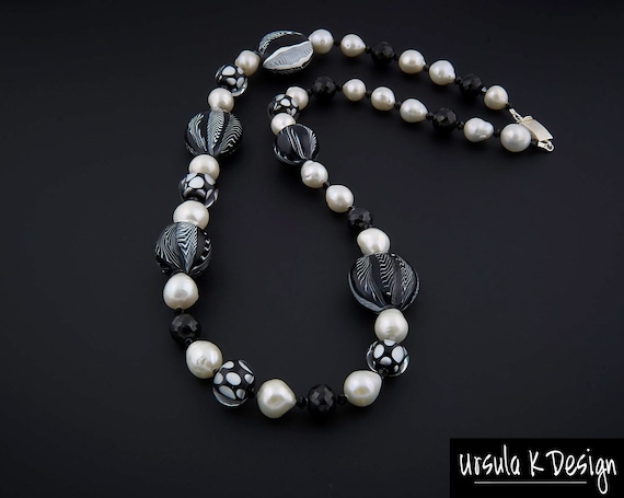 Black White Handblown Glass Baroque Pearls Beaded Necklace with Swarovski, One of a Kind Statement Necklace, Custom Fine Jewelry Black White