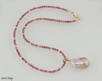 Dainty Tourmaline & Gold Necklace with Pink Hued Baroque Pearl Pendant. Removable Pendant. Versatile Necklace, Great Gift for all Occasions