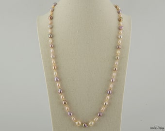 Long Necklace with Dark Pink and Champagne Hued Freshwater Pearls, Gold Filled Accents. Gift for All Occasions