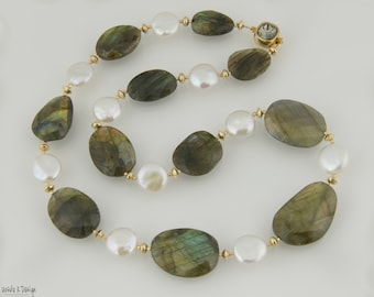 Labradorite and White Coin Pearl Necklace with Gold Accents. Large, Faceted Oval Labradorite with Blue/Green/Gold Hues.  Elegant Gift.