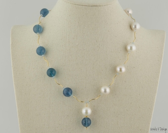Pendant Necklace of  Highest Quality Santa Maria Clear Blue Aquamarine beads and Highest Qulaity Freshwater White Round Pearls. Gold Accents