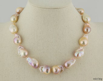 Baroque Pearl Necklace with Extender Chain. Subdued Hues of Peach, Pink and Champagne. Very Special Occasion Gift