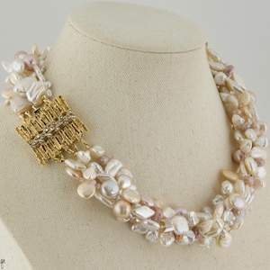 Elegant and Striking 5-Strand Twisted Pearl choker necklace with Swarovski and Moonstone Accents and Ornate Clasp. Special Gift