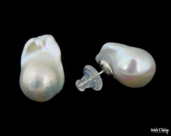 Post Earrings with LARGE White Baroque Pearls, Posts Mounted on Back of Pearls, Fine Elegant Large Baroque Pearl Jewelry
