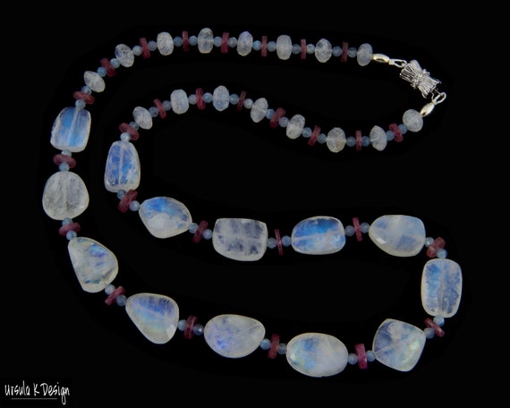 Pink Tourmaline and Rainbow Moonstone 3-Row Bead Bib Necklace Sterling Silver Pink Tourmaline and Rainbow Moonstone 3-Row Bead Bib Necklace Sterling Silver