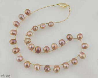 Pink Hued Pearl Drop Necklace with Gold Accents, in Different Lengths. Top-Drilled Pearl Necklace, Unusual Pearl Necklace