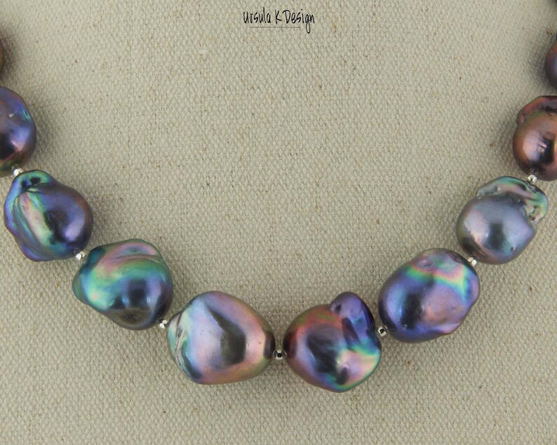 Baroque Pearl Necklace of Dark Blue and Copper/Purple Hues with Sterling Silver Accents. Gift for Special Occasion. Unique Necklace image 2