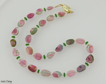 Elegant Watermelon Tourmaline and Chrome Diopside Necklace, Watermelon Tourmaline Flat ovals, Gemstone Quality Necklace