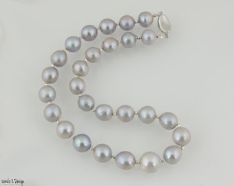 Silver Gray Freshwater Large Pearl Necklace with Sterling Silver Accents. Great Pearl Gift, Elegant Birthday or Anniversary Gift