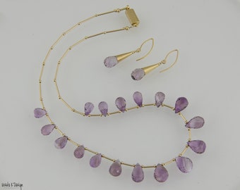 Delicate Necklace and Earrings with Gemstone Quality Amethyst Drops & Gold Filled Findings. Unique Elegant Jewelry. Special Occasion Gift