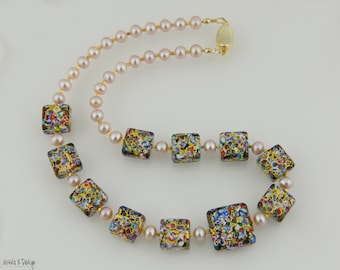 Elegant, Colorful Murano Glass Necklace with Square "Klimt" Design Beads,   Accentuated with Pink Pearls. Special Gift for Special Occasions